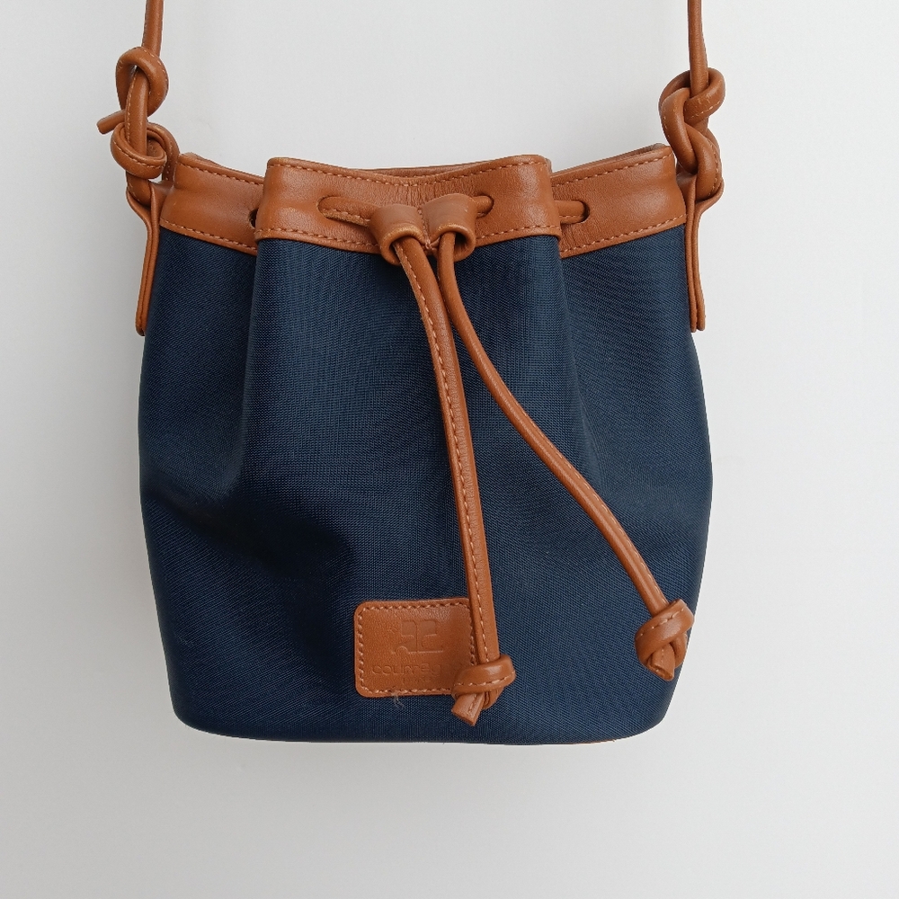 Courreges Nylon & Leather Iconic Mini Bucket Bag Navy & Brown